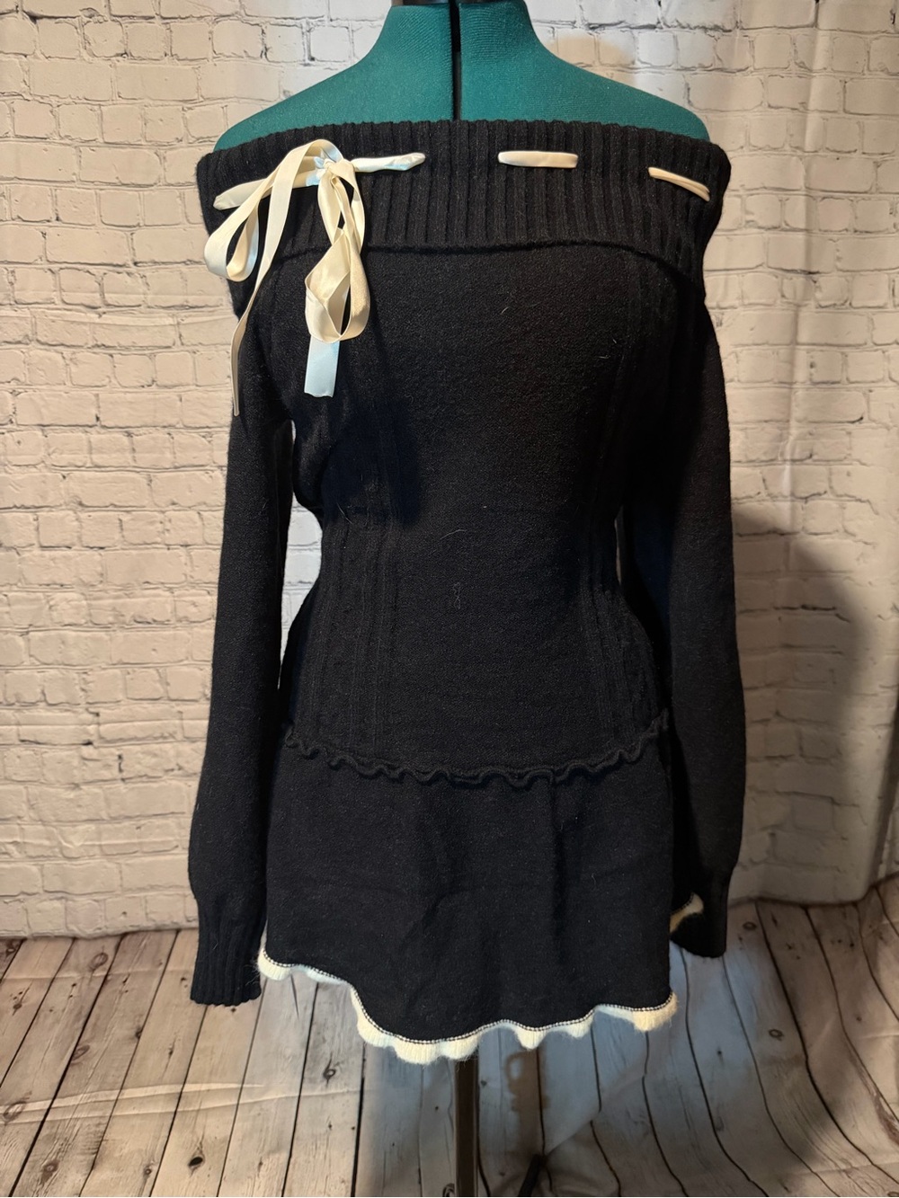 SHEIN Black Off-Shoulder Sweater with Cream Ribbon Trim